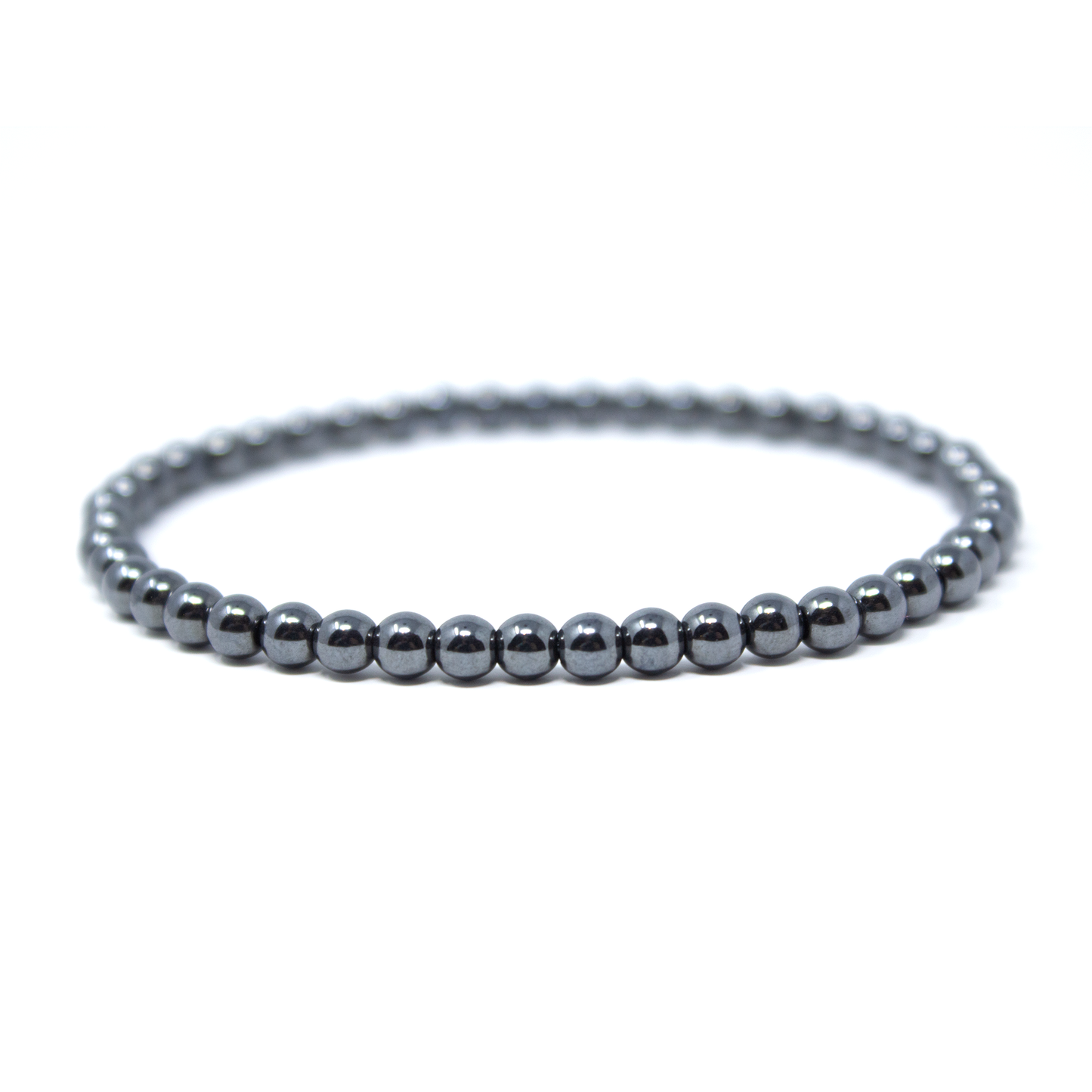 Hematite gemstone bracelet made with smooth 4mm natural beads on a stretch cord.