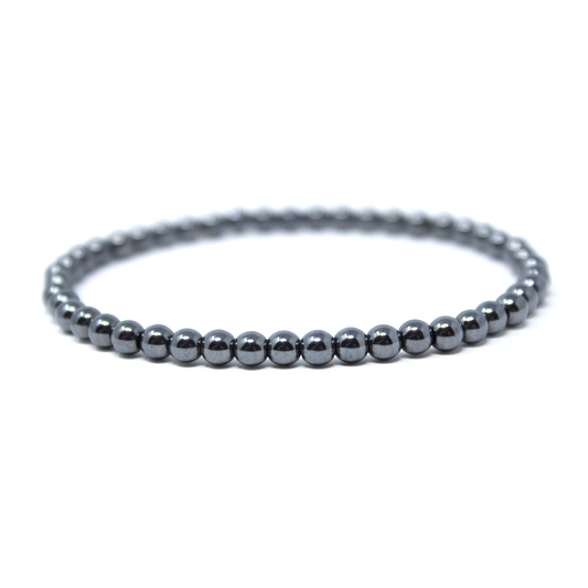 Hematite gemstone bracelet made with smooth 4mm natural beads on a stretch cord.