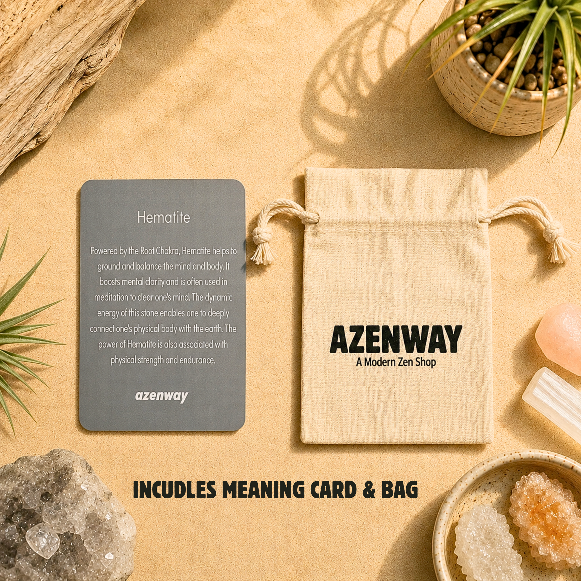 Hematite gift set featuring a gray Hematite meaning card and natural cotton drawstring bag on a warm zen-inspired backdrop with crystal accents. Includes an informational card and reusable storage bag.