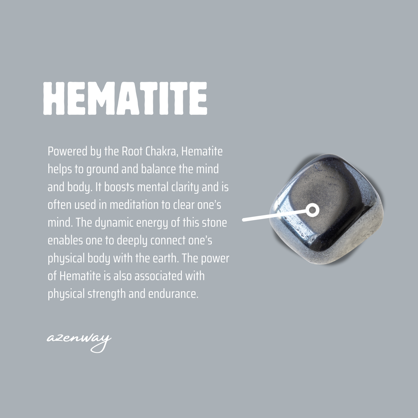 Hematite meaning graphic on a gray background showing a polished hematite stone with text describing its grounding, balance and Root Chakra energy.