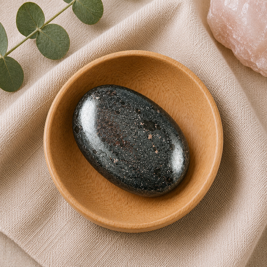 A polished hematite stone crystal with tiny flecks, resting inside a small round wooden bowl on a beige linen cloth, with green leaves and a pink crystal in the background.