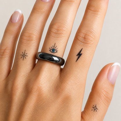 A close-up of a hand wearing a glossy black band ring, with small black body tattoo designs on the fingers, against a light neutral background.