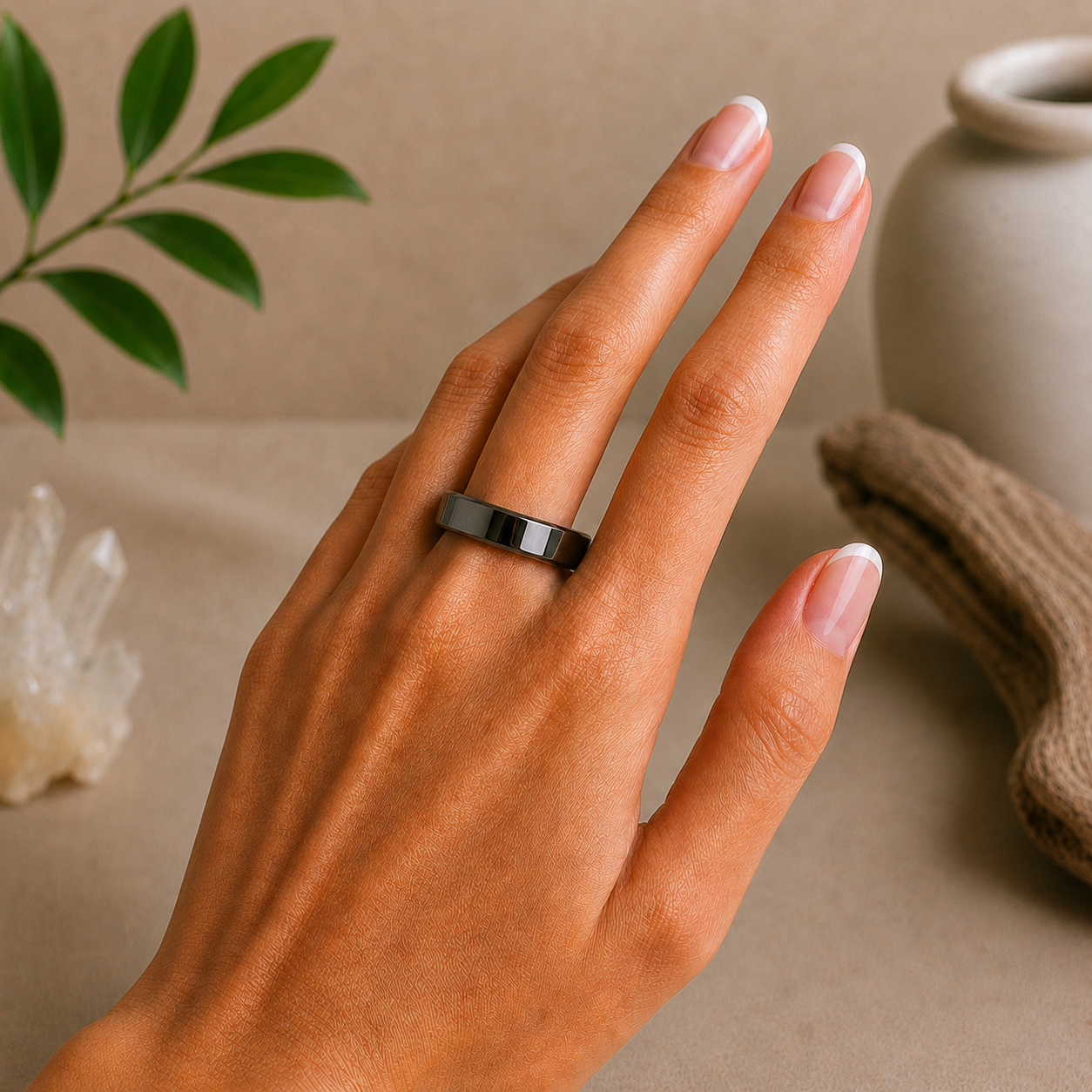 Polished hematite crystal ring with a sleek metallic gray finish and flat faceted band worn on a hand with a French manicure, styled against a warm beige zen-inspired background with greenery, clear quartz, and driftwood.