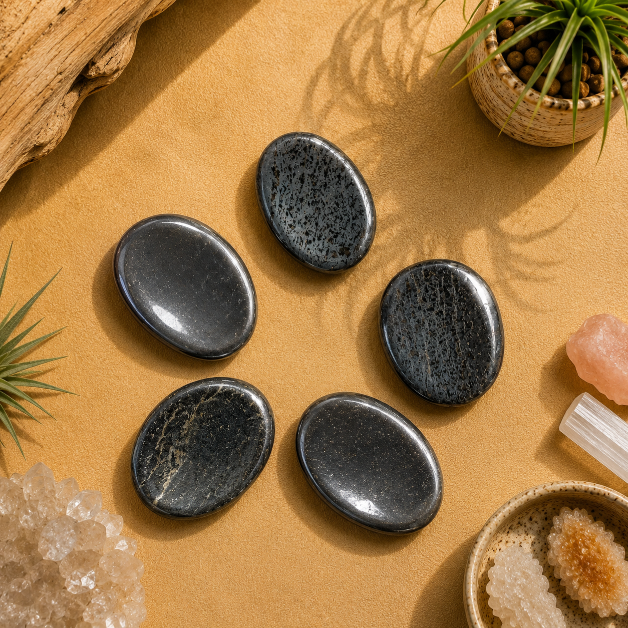 Five polished Hematite worry stones displayed on a warm zen-inspired backdrop with natural wood, greenery, crystal accents, and soft lighting. Each smooth gray-black palm stone features its own natural patterns and metallic luster, making every piece unique.
