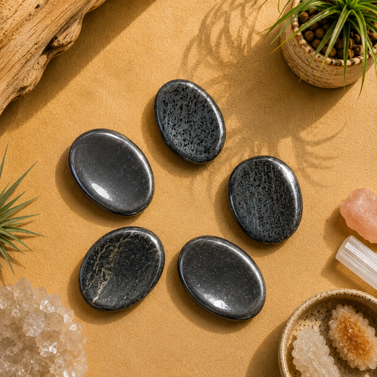 Five polished Hematite worry stones displayed on a warm zen-inspired backdrop with natural wood, greenery, crystal accents, and soft lighting. Each smooth gray-black palm stone features its own natural patterns and metallic luster, making every piece unique.