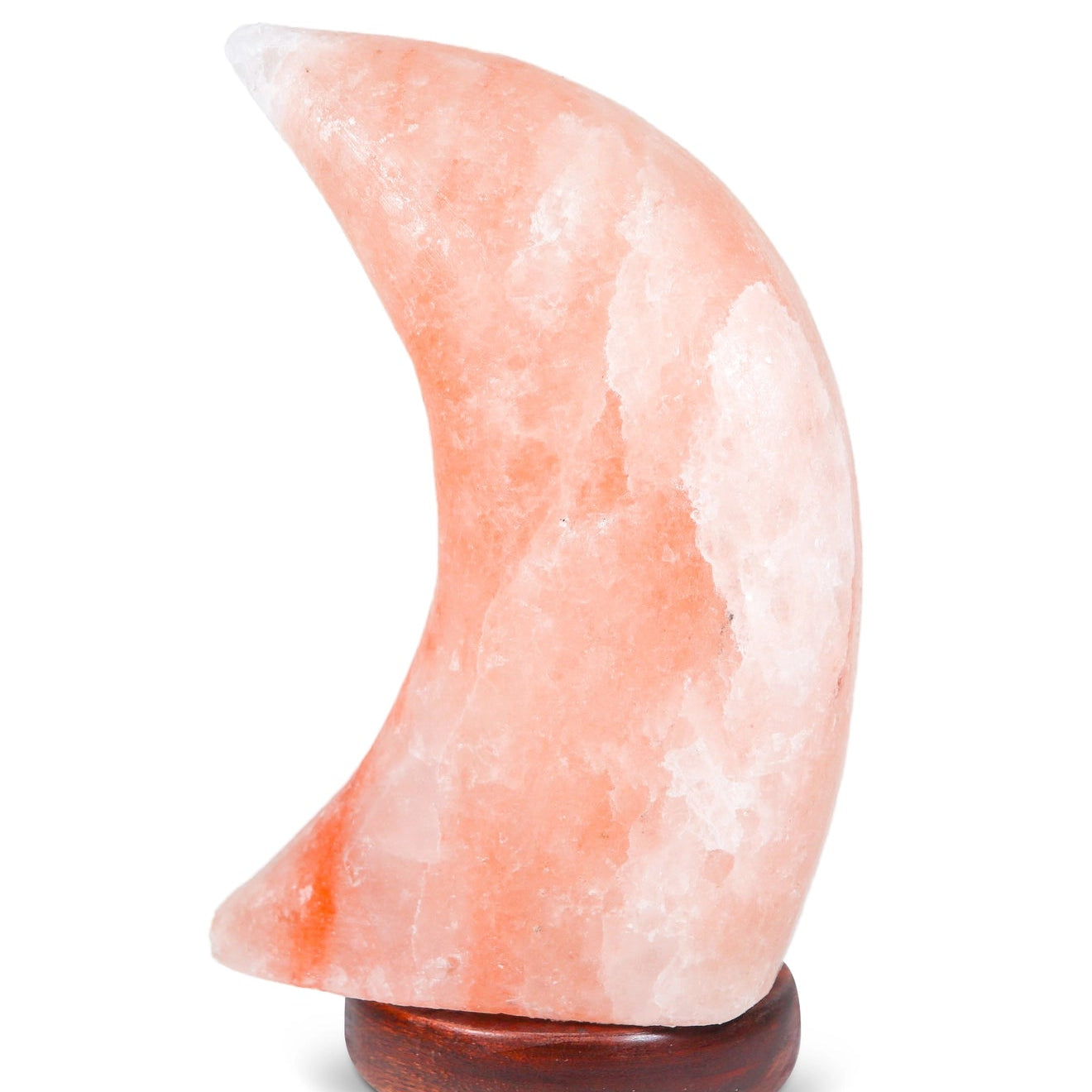 Pink crystal crescent moon on a wooden stand against a white background