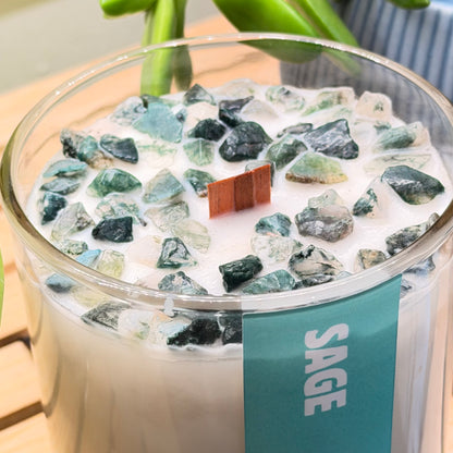 Aura Sage Crystal Candle – Moss Agate