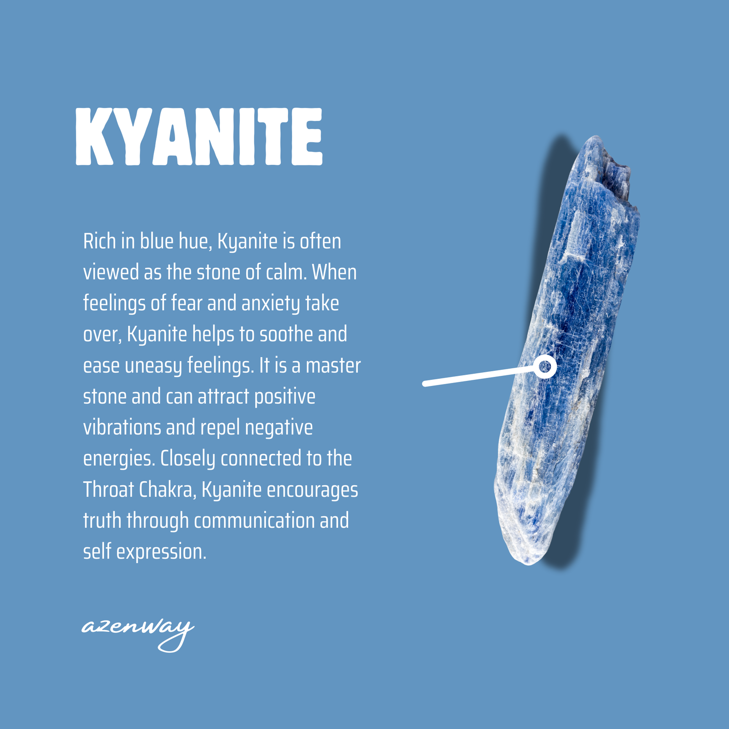 Kyanite informational card with crystal illustration and meaning description on a blue background.
