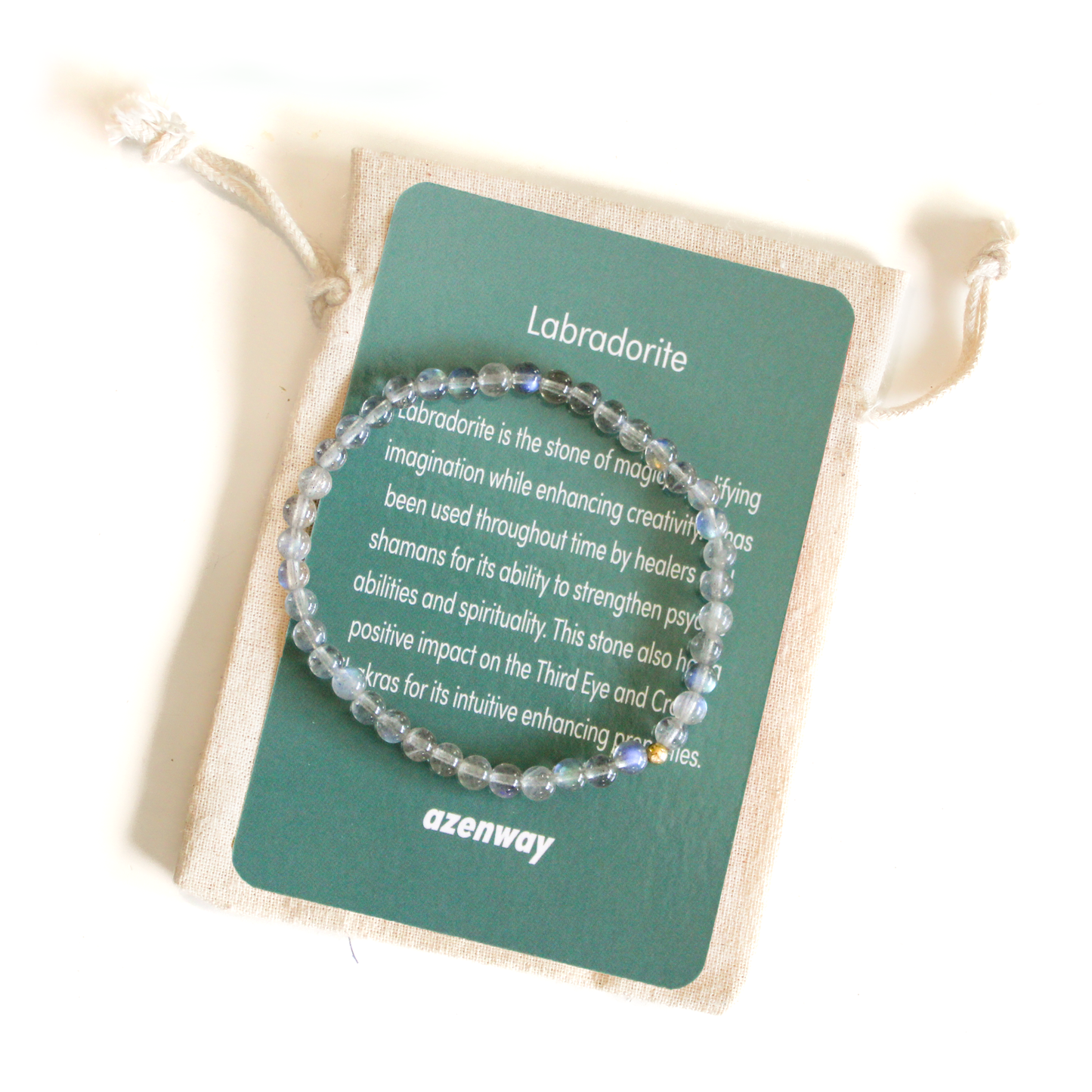 Azenway labradorite bracelet displayed on its teal meaning card, featuring shimmering grey-blue labradorite beads and a gold-filled accent.