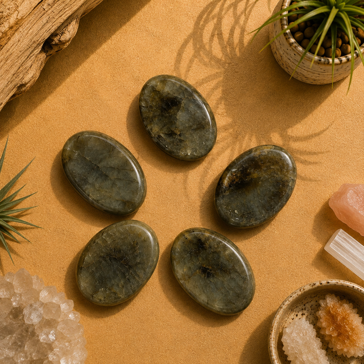 Five polished Labradorite worry stones displayed on a warm zen-inspired backdrop with natural wood, greenery, crystal accents, and soft lighting. Each gray-green palm stone features natural flashes and unique mineral patterns, making every piece one of a kind.
