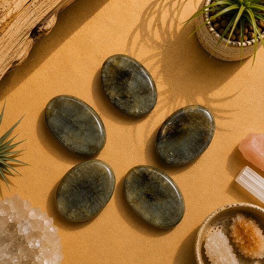 Five polished Labradorite worry stones displayed on a warm zen-inspired backdrop with natural wood, greenery, crystal accents, and soft lighting. Each gray-green palm stone features natural flashes and unique mineral patterns, making every piece one of a kind.