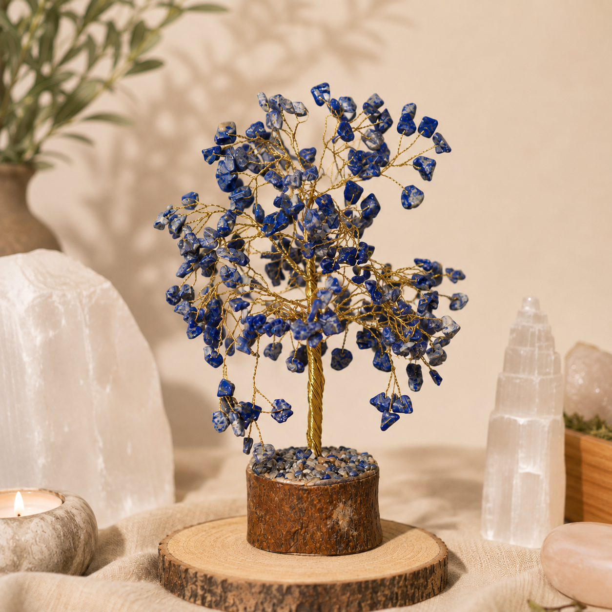 Handcrafted Lapis Lazuli crystal tree featuring deep blue gemstone leaves with natural gold flecks on gold wire branches and a natural wood trunk, displayed on a rustic wood slice. Styled with selenite, Himalayan salt, rose quartz, a candle, and earthy décor in a warm, calming boho-inspired setting.