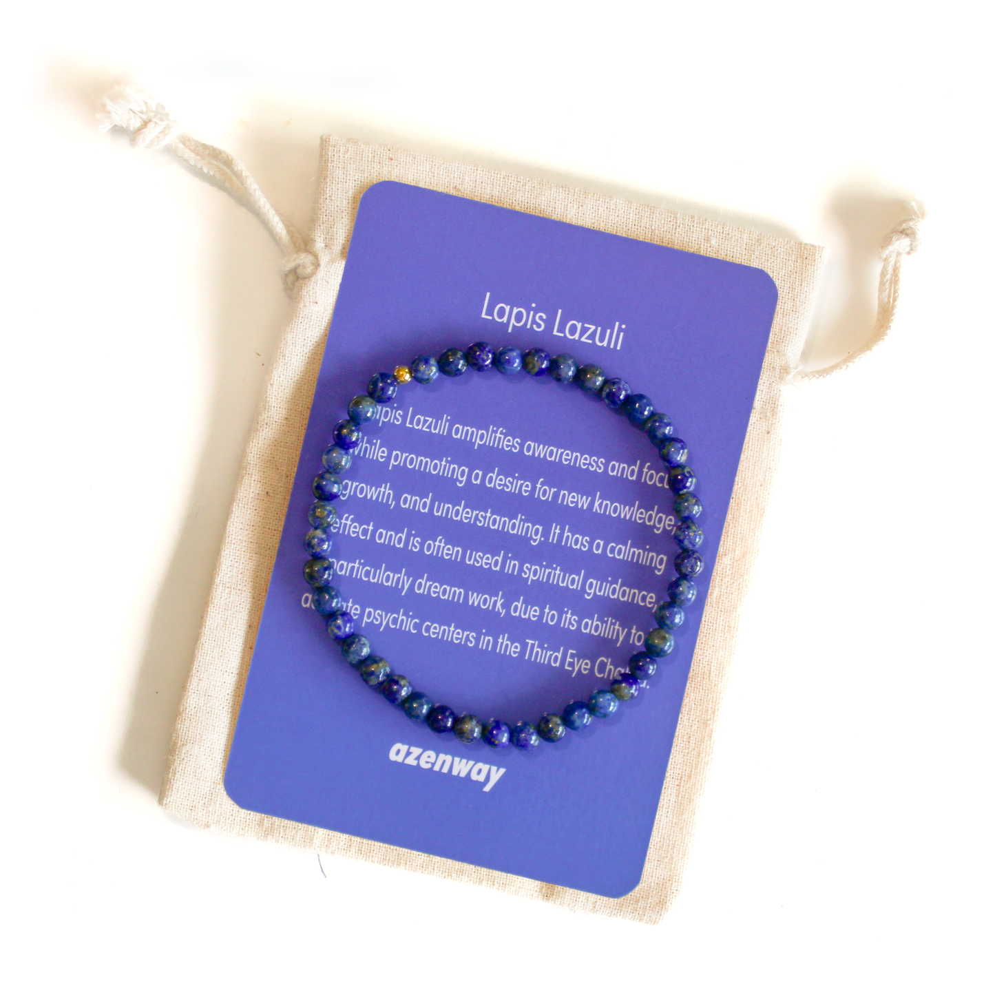 A lapis lazuli healing crystal energy bracelet with natural 4mm gemstones and a hypoallergenic 14k gold filled bead, displayed on a card.
