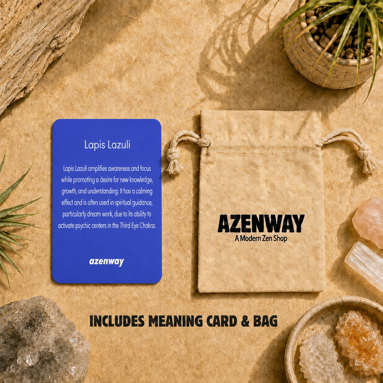 Lapis Lazuli meaning card displayed beside an Azenway drawstring bag on a warm zen-inspired background with crystals, greenery, and natural textures. Text reads “Includes Meaning Card & Bag.”