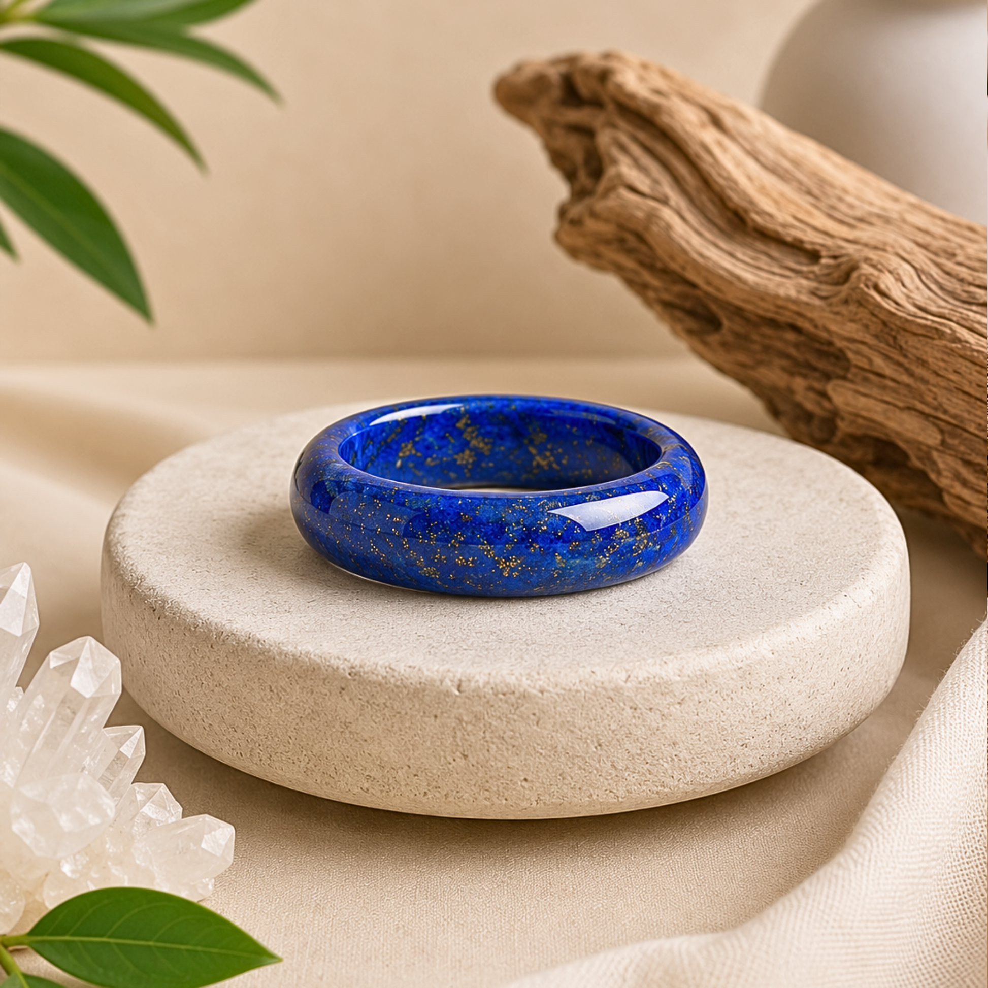 Polished lapis lazuli crystal ring displayed on a cream stone pedestal, featuring vivid royal blue tones with natural golden pyrite flecks, styled with clear quartz, greenery, driftwood, and soft neutral fabric.