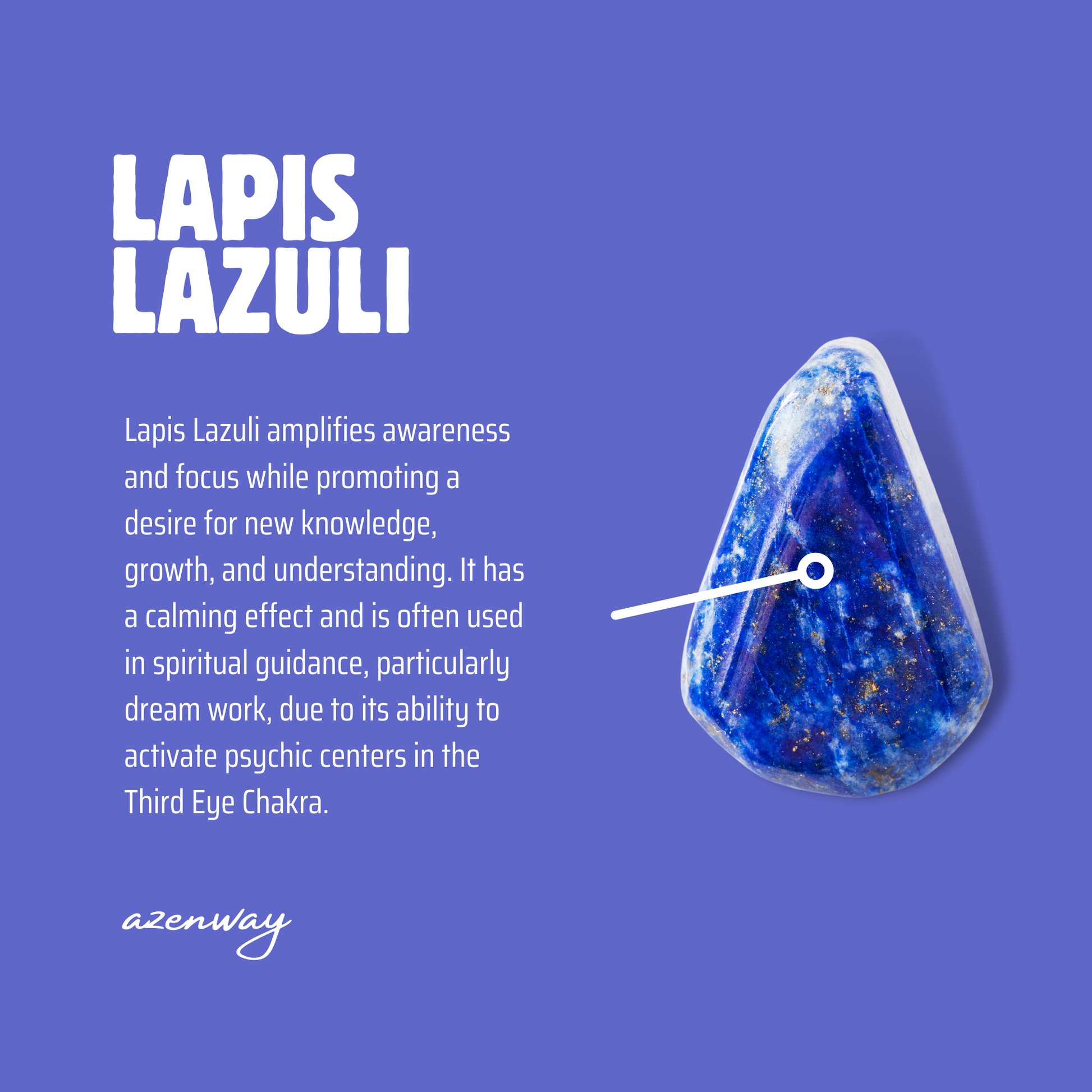 Lapis Lazuli crystal meaning card with blue stone illustration by Azenway.