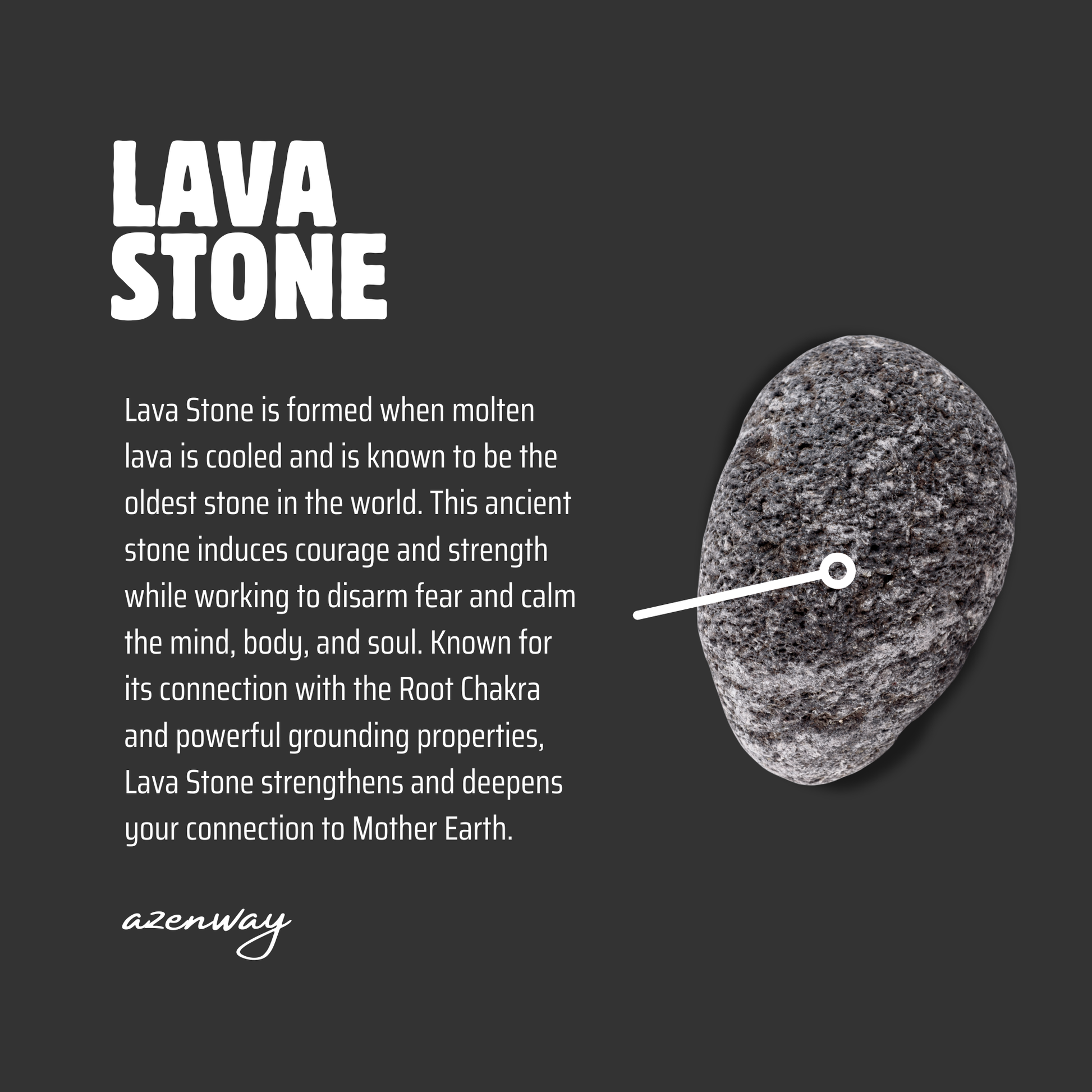 Lava Stone meaning card with a volcanic rock image explaining grounding and Root Chakra symbolism.