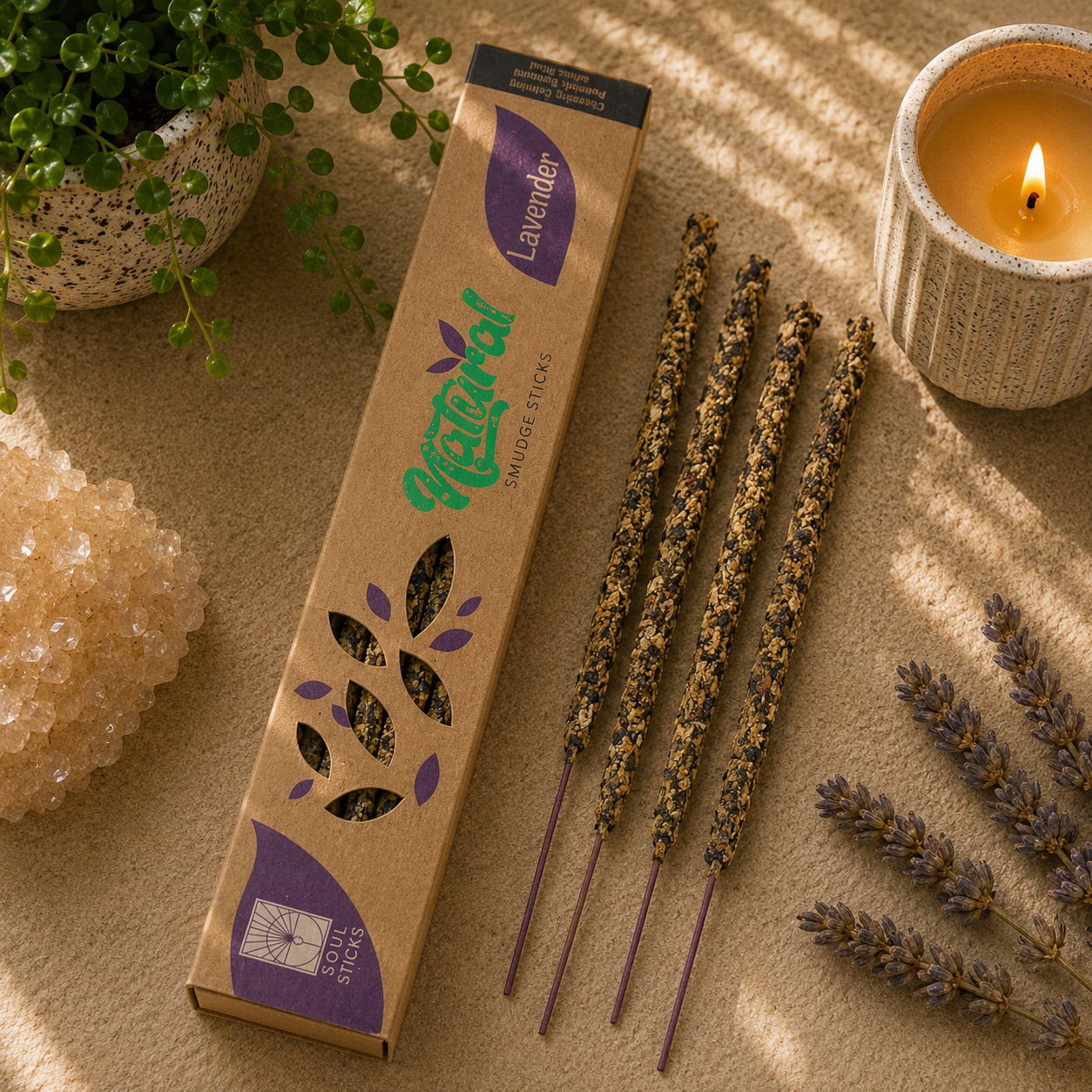 Lavender herbal smudge sticks displayed beside their eco-friendly kraft packaging on a warm neutral surface. The botanical-coated incense sticks are paired with fresh lavender sprigs, a lit candle, a green potted plant, and a white quartz cluster, creating a cozy, calming, zen-inspired product display.