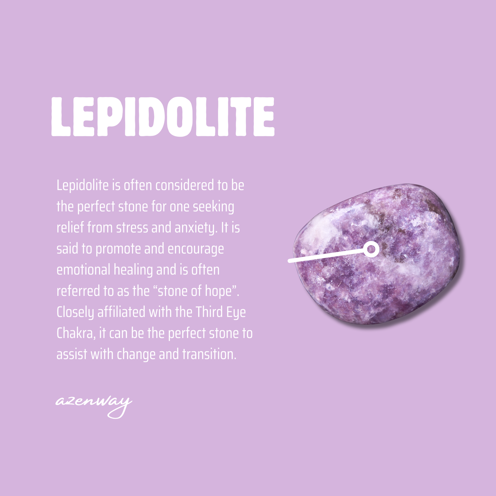 Lepidolite stone meaning card describing the crystal’s calming, emotional-healing properties, with a polished Lepidolite stone illustration.