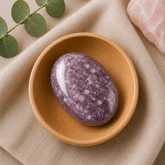 Lepidolite palm stone resting in a natural bamboo bowl on a neutral linen background with eucalyptus and rose quartz accents.