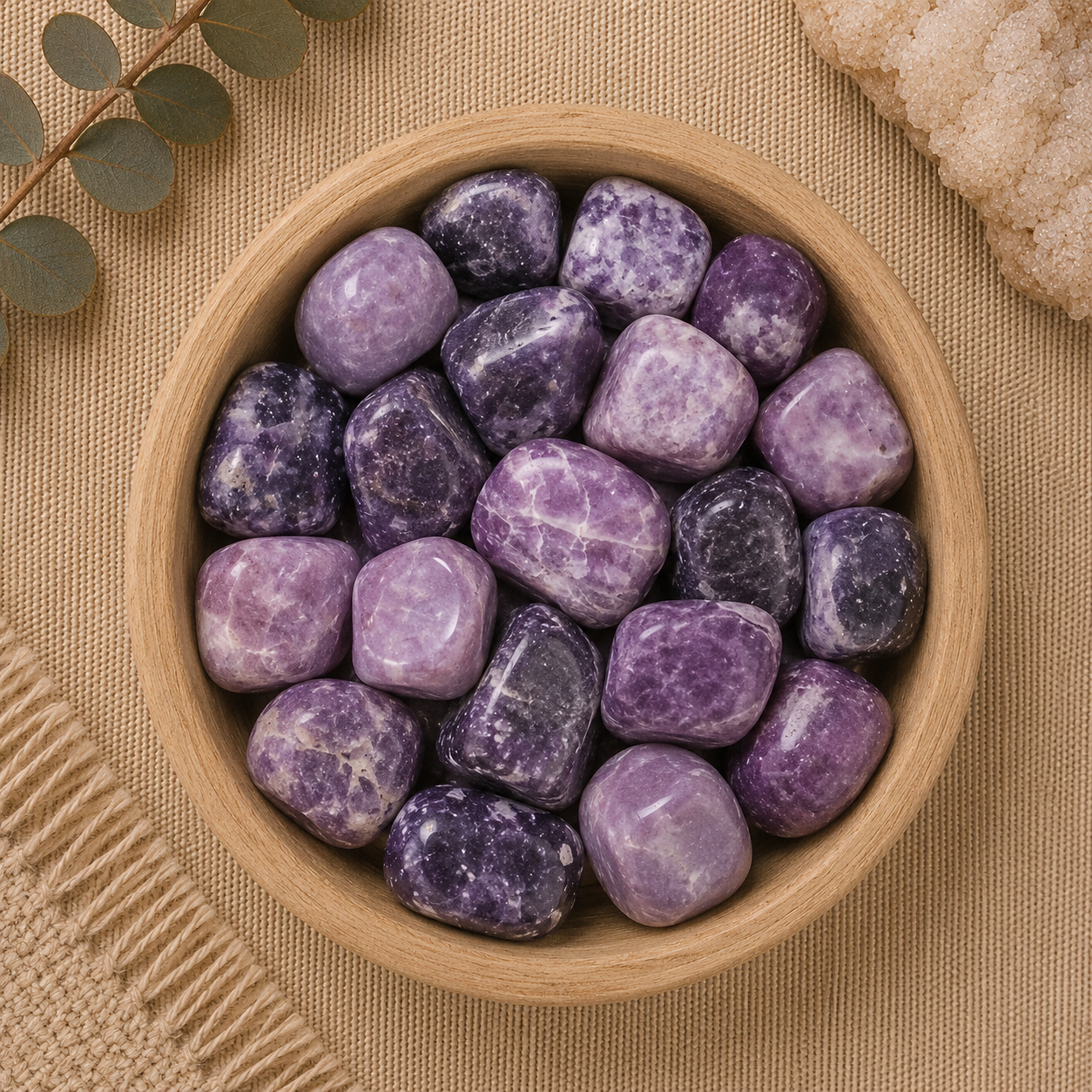 Natural polished lepidolite tumbled stones displayed in a round bamboo bowl on a soft beige linen background. The gemstones feature beautiful shades of lavender, lilac, and deep purple with natural white marbling and subtle mica shimmer, making each stone unique. Eucalyptus leaves, a woven cream textile, and a white quartz cluster complete the warm, minimalist, zen-inspired flat lay.