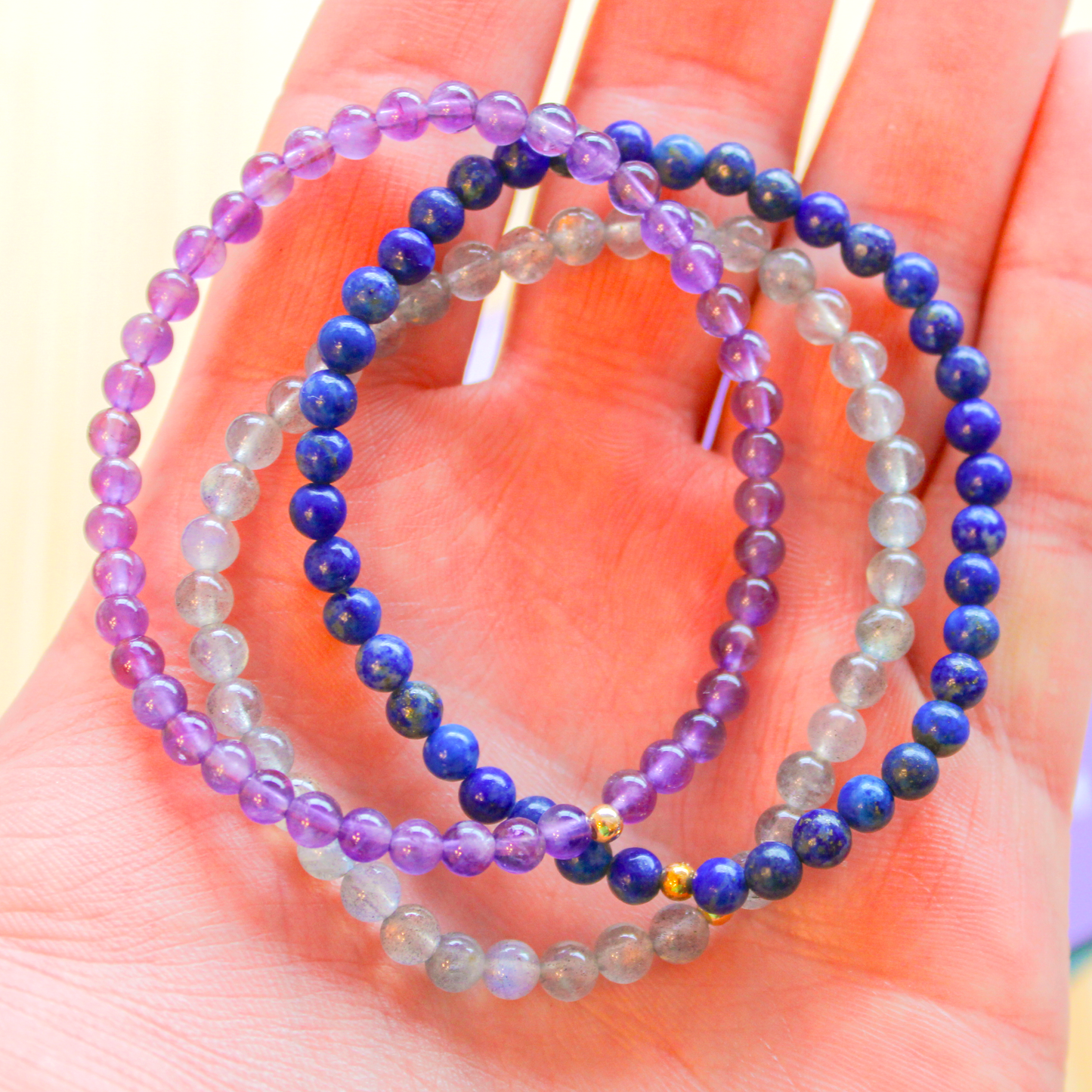 Mystic Mind Trio Bracelet Pack – Amethyst, Labradorite & Lapis Lazuli with Hypoallergenic 14k Gold-Filled Beads