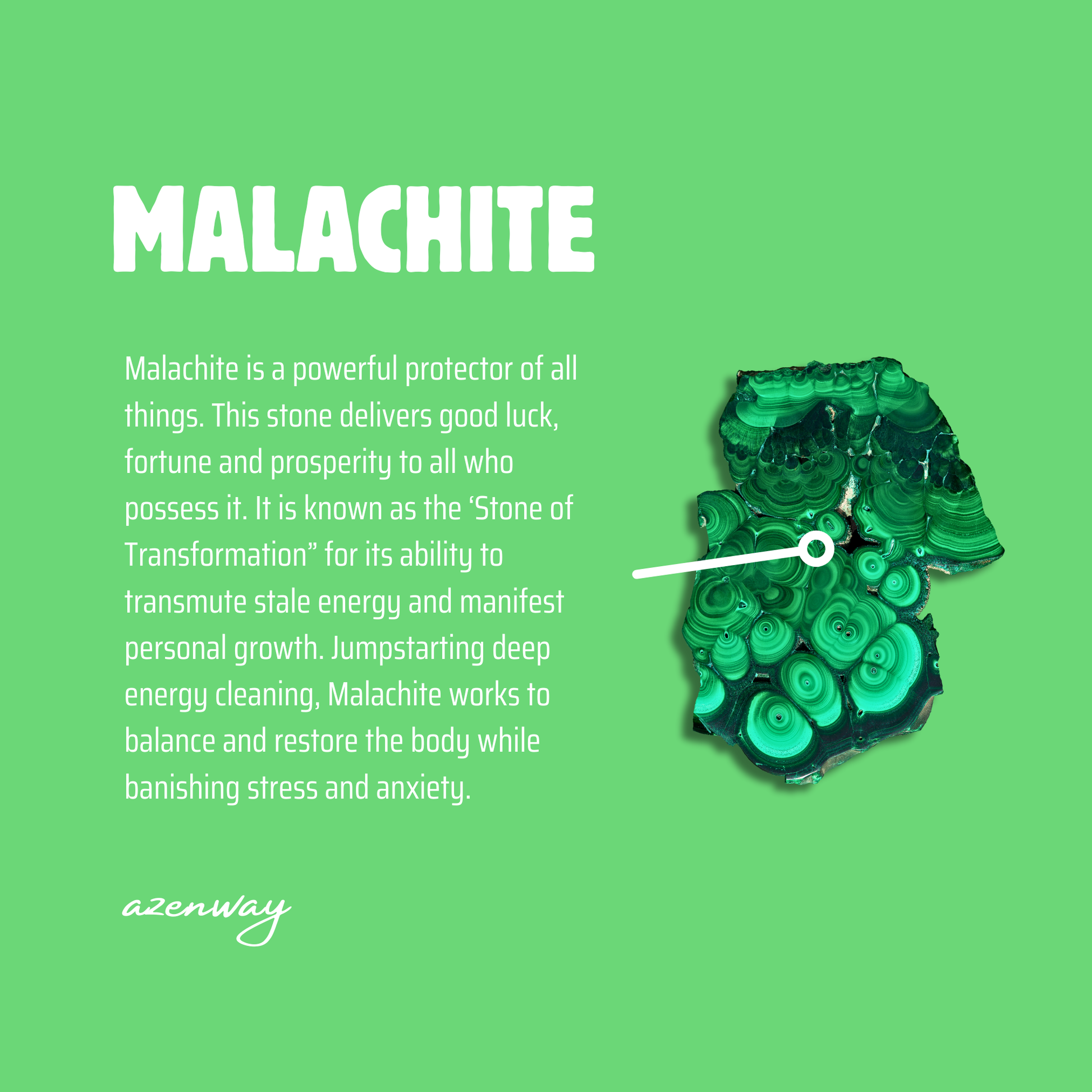 Malachite meaning card showing the stone’s properties and imagery of natural green Malachite.
