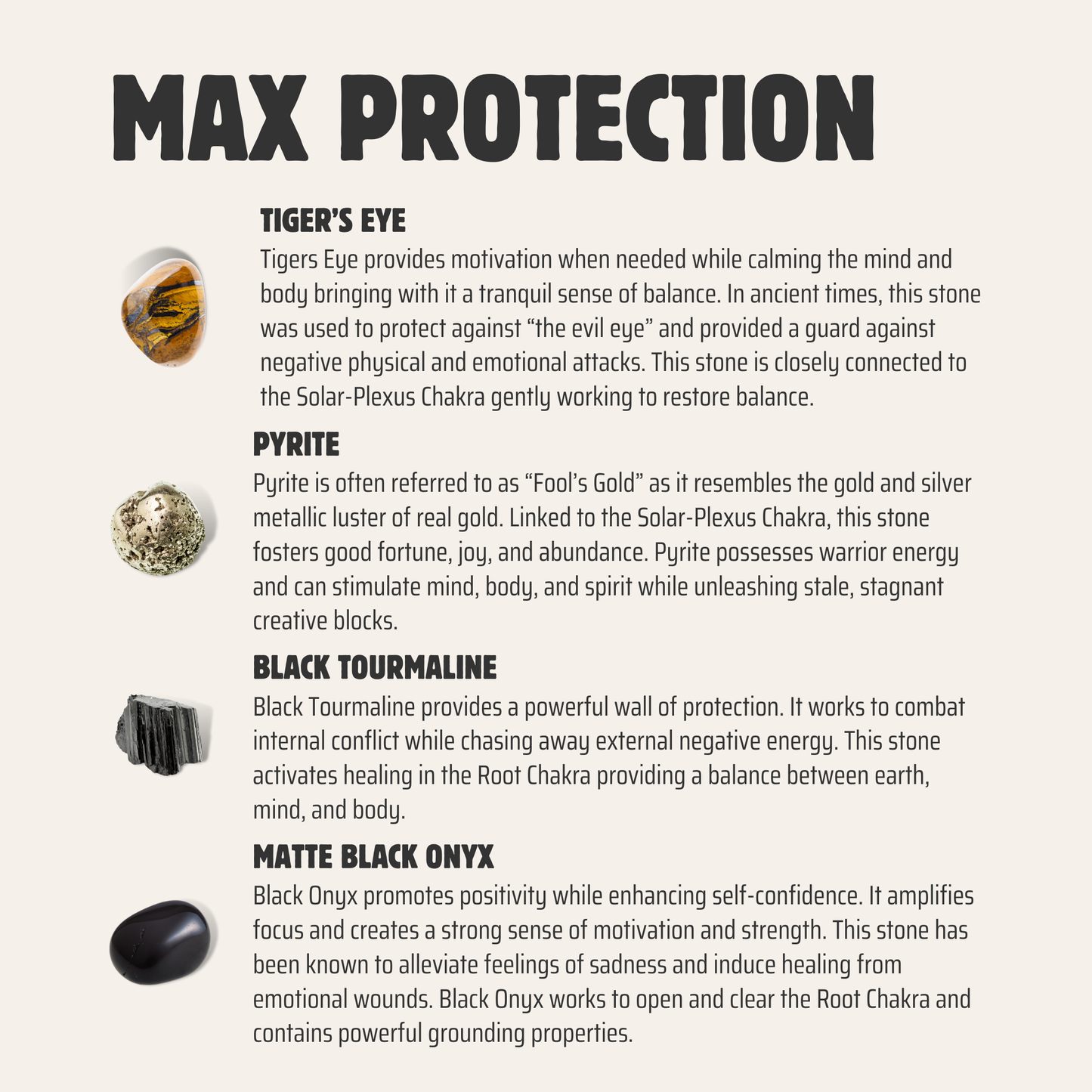 Max Protection crystal graphic featuring Tigers Eye, Pyrite, Black Tourmaline, and Matte Black Onyx with descriptions of each stone’s protective properties