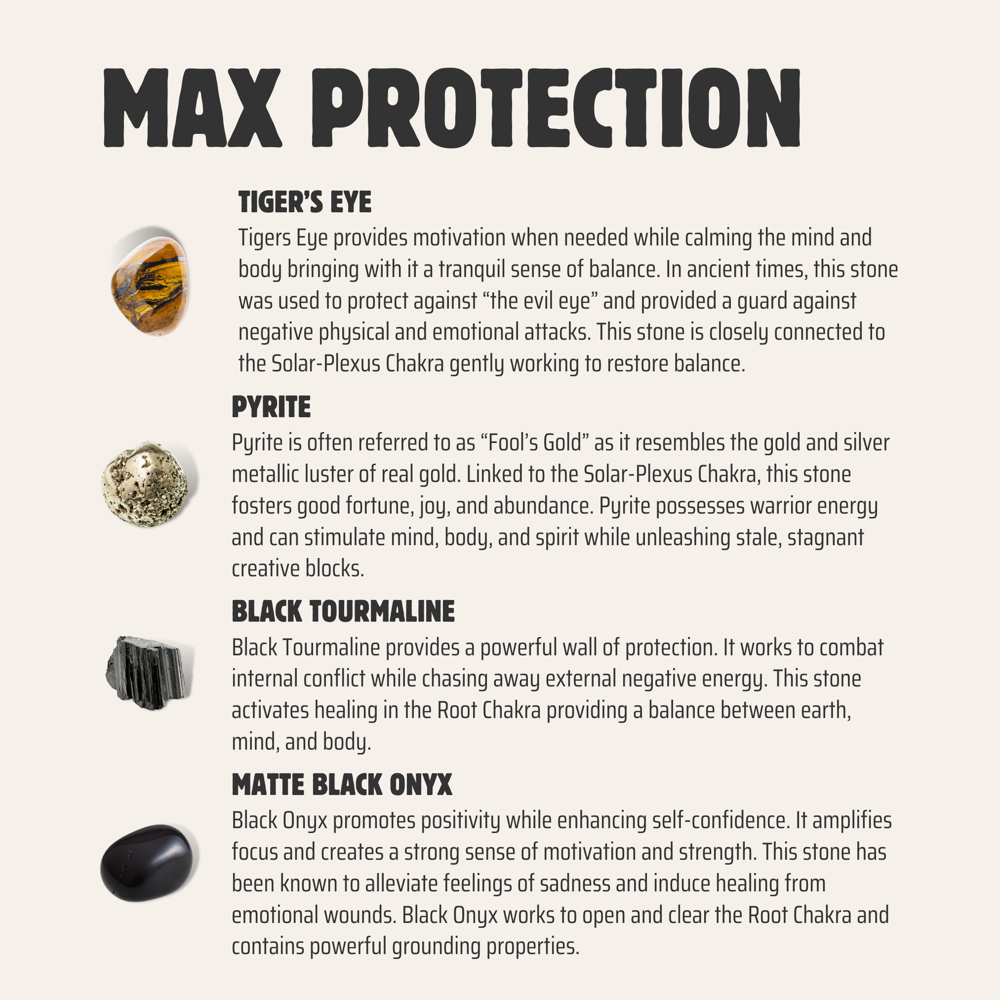 Max Protection crystal graphic featuring Tigers Eye, Pyrite, Black Tourmaline, and Matte Black Onyx with descriptions of each stone’s protective properties