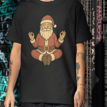 A black t-shirt with a grainy retro illustration of Santa sitting cross-legged in meditation, festive yoga shirt.