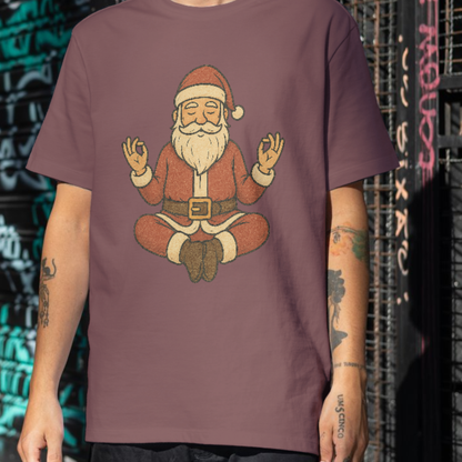 A brick color t-shirt showing a peaceful Santa meditating with eyes closed, mindful holiday graphic tee.