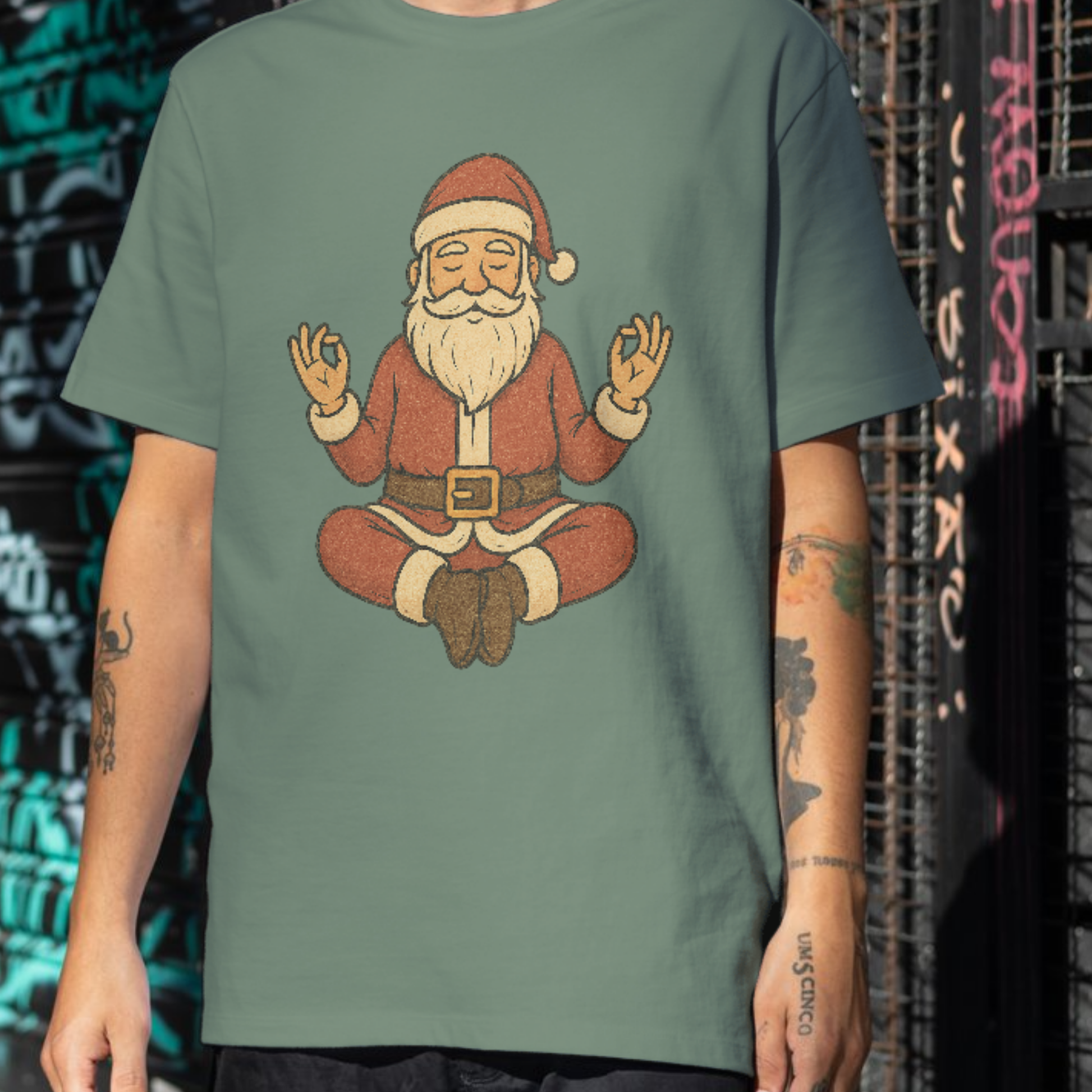 Person wearing a green t-shirt with a graphic of Santa Claus meditating.