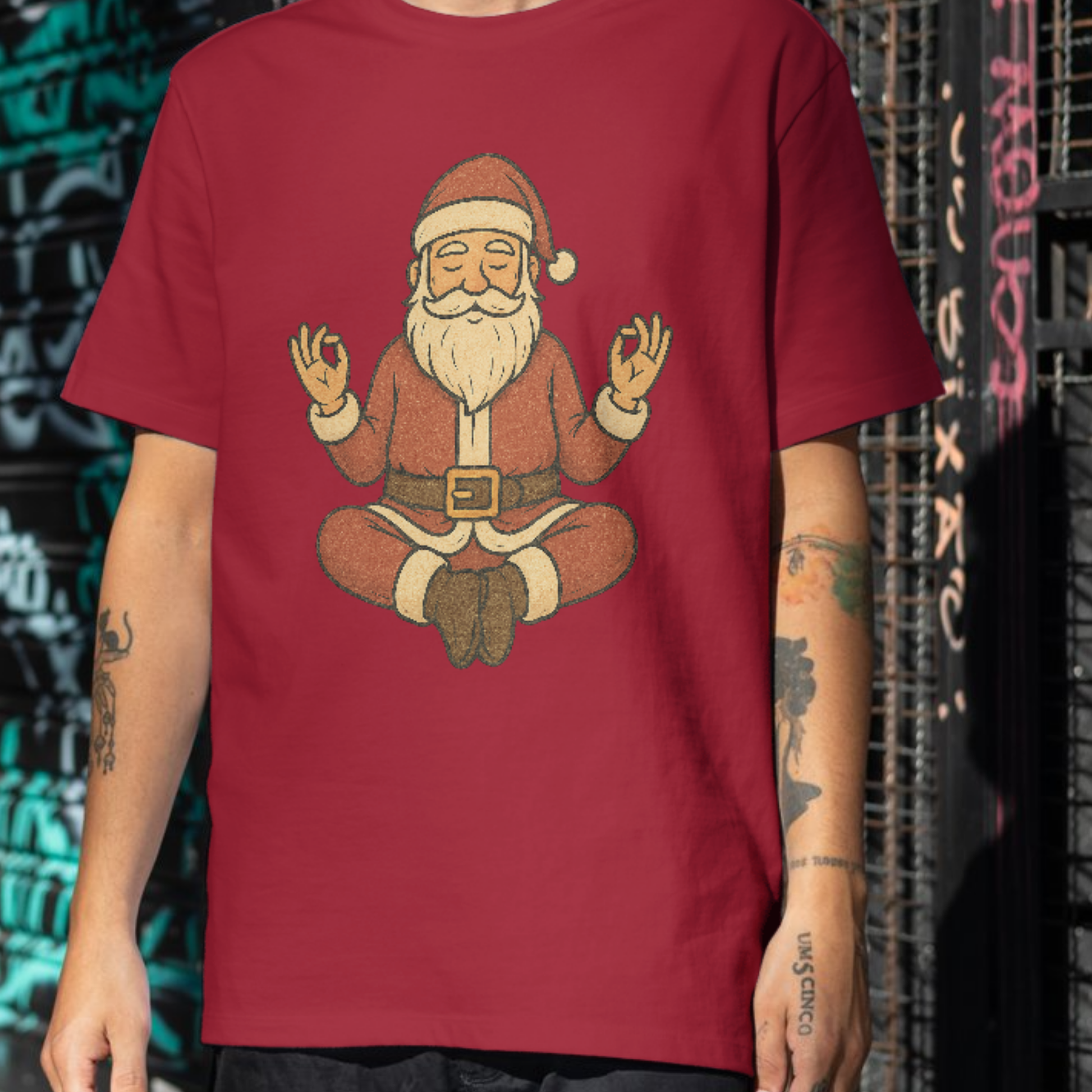 A red t-shirt showing a peaceful Santa meditating with eyes closed, mindful holiday graphic tee.