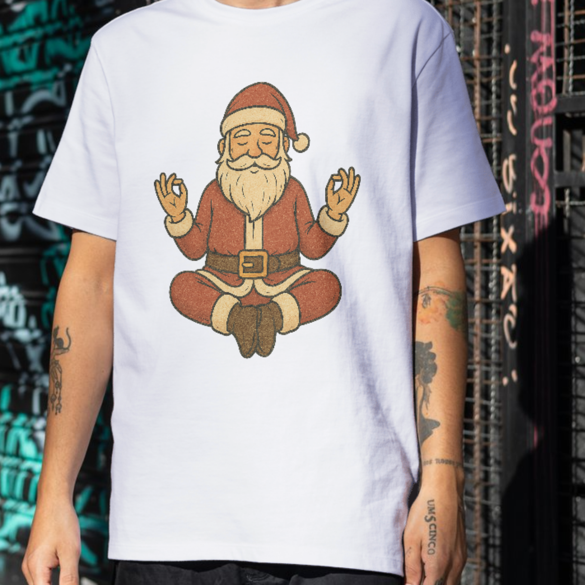 Person wearing a white t-shirt with a graphic of Santa Claus meditating.