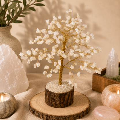 Handcrafted Moonstone crystal tree featuring luminous white gemstone leaves with a soft iridescent glow on gold wire branches and a natural wood trunk, displayed on a rustic wood slice. Styled with selenite, Himalayan salt, rose quartz, candles, and earthy décor in a warm, calming boho-inspired setting.