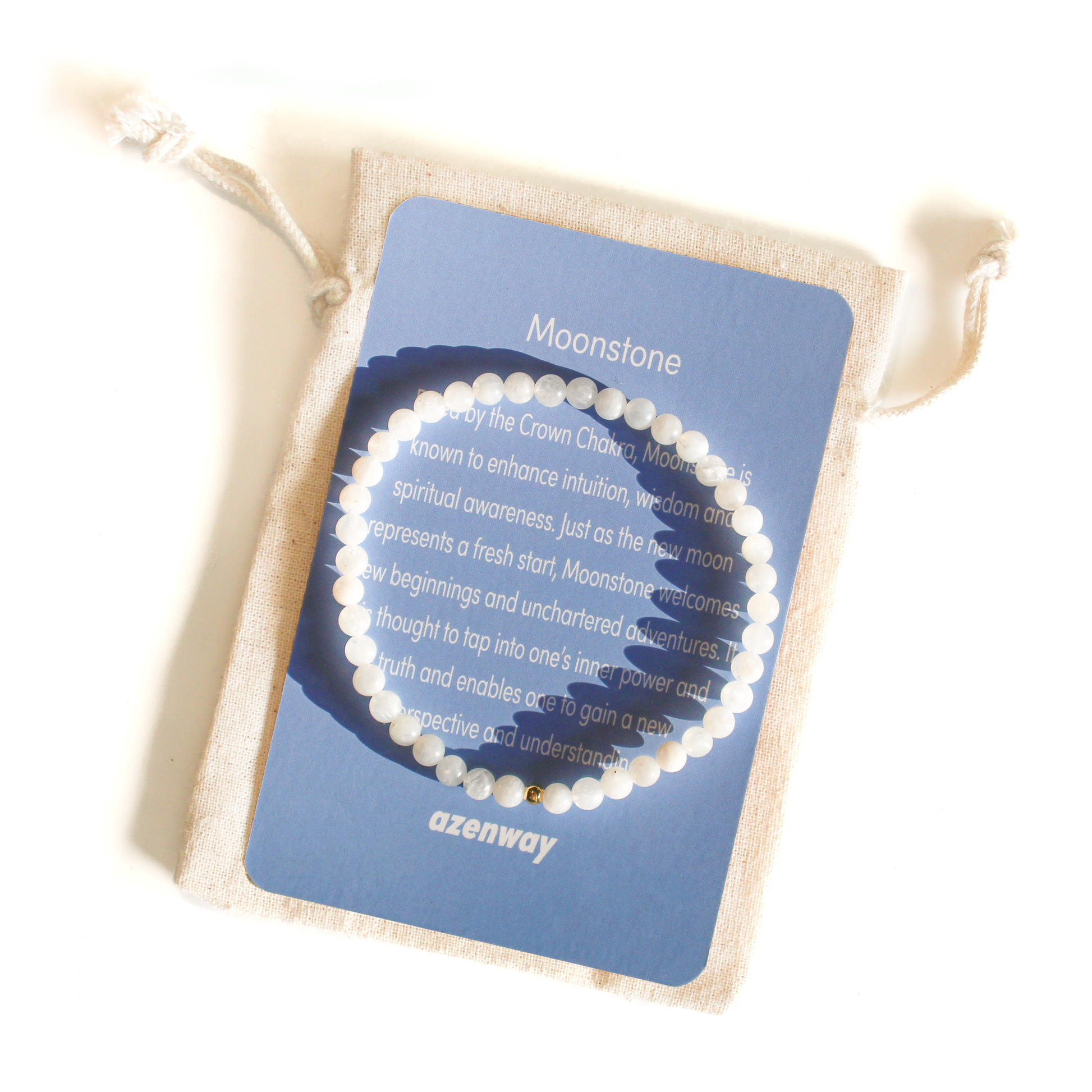 Moonstone beaded bracelet displayed on an Azenway meaning card with organic cotton pouch.