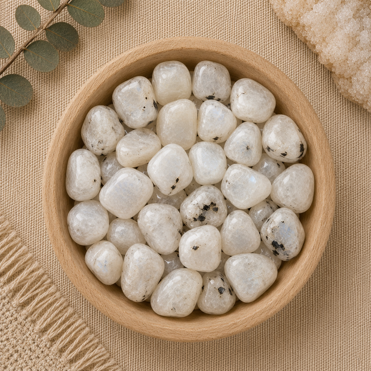 Natural polished rainbow moonstone tumbled stones displayed in a round bamboo bowl on a soft beige linen background. The creamy white gemstones feature subtle blue flashes, translucent areas, and natural black inclusions, making each piece unique. Eucalyptus leaves, a woven cream textile, and a white quartz cluster complete the warm, minimalist, zen-inspired flat lay.