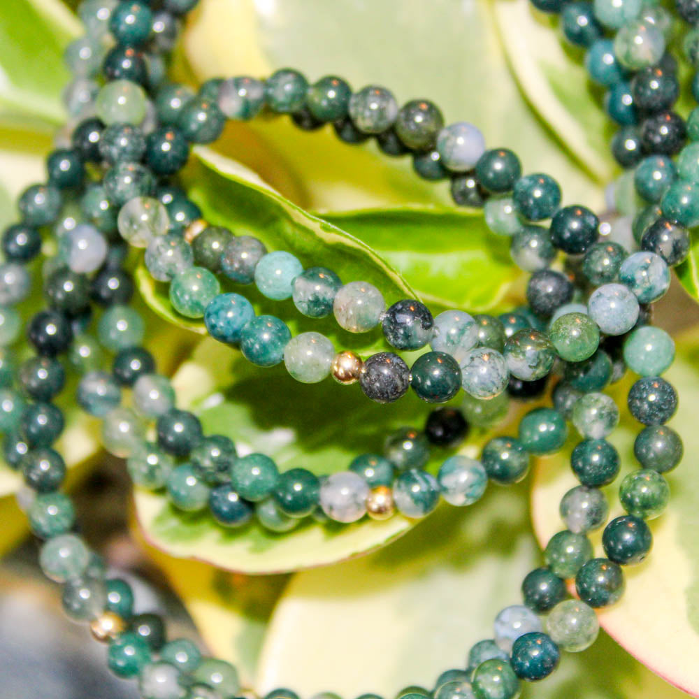 Moss Agate Healing Crystal Energy Bracelet with 4mm Natural Gemstones and 14K Gold-Filled Hypoallergenic Bead