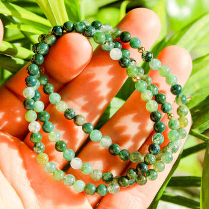 Moss Agate Healing Crystal Energy Bracelet with 4mm Natural Gemstones and 14K Gold-Filled Hypoallergenic Bead