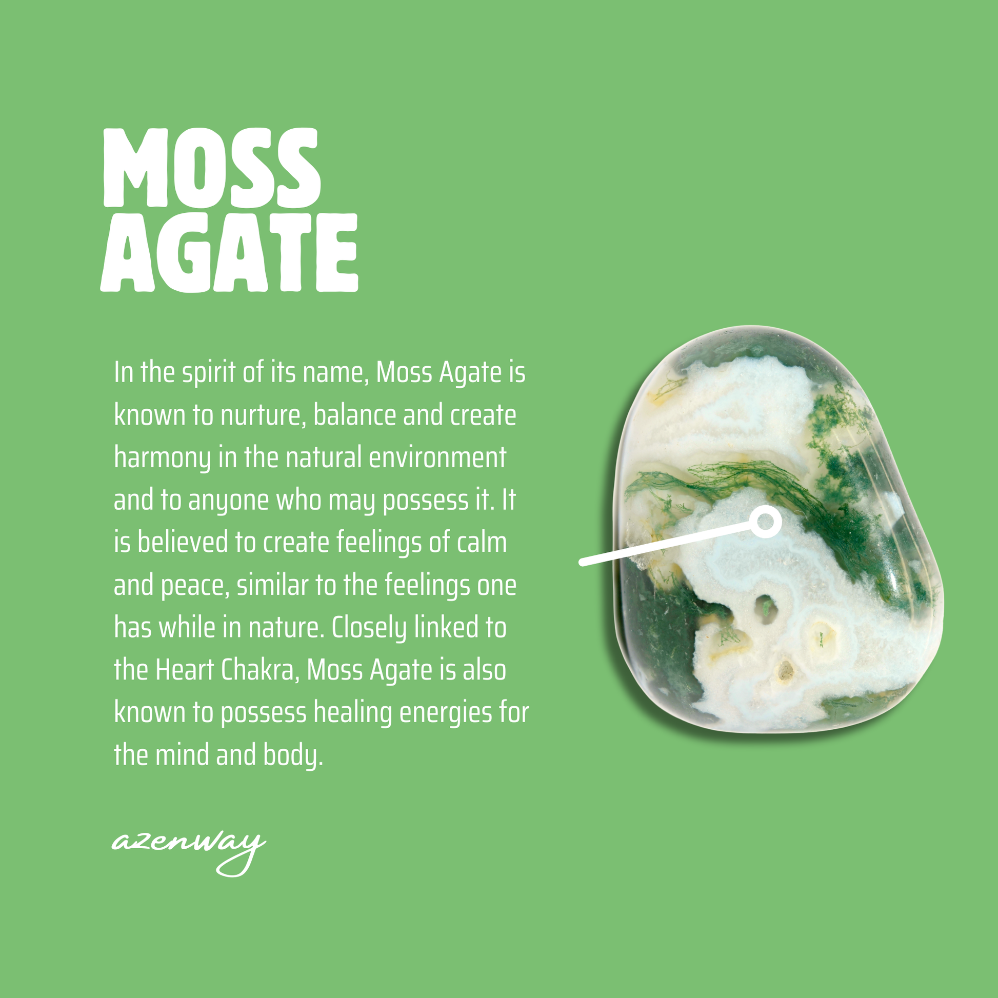 Moss Agate meaning card showing the stone’s nurturing and calming properties with a polished Moss Agate crystal.
