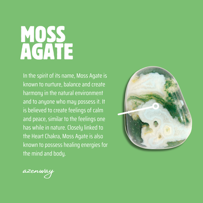 Moss Agate meaning card showing the stone’s nurturing and calming properties with a polished Moss Agate crystal.