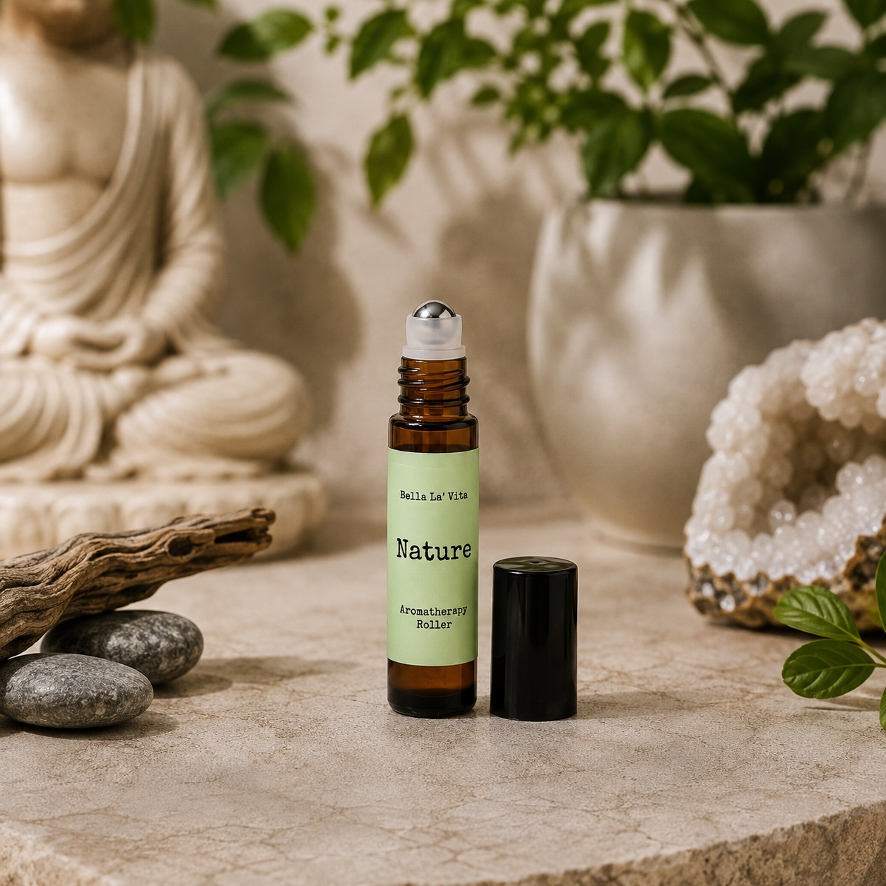 Bella La’ Vita Nature Aromatherapy Roller in an amber glass roll-on bottle with the cap removed to reveal a stainless steel rollerball applicator. The soft green label features the scent name "Nature" in a minimalist design. Displayed on a tranquil, spa-inspired backdrop with smooth river stones, natural driftwood, a sparkling crystal geode, fresh green leaves, and a softly blurred Buddha statue, creating a fresh, grounding atmosphere inspired by the beauty of nature.