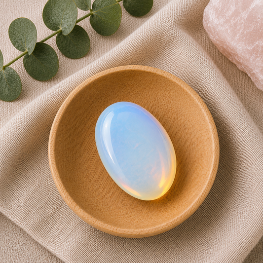Opalite palm stone resting in a natural bamboo bowl on a neutral linen background with eucalyptus and rose quartz accents.