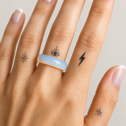 A close-up of a hand wearing a smooth, rounded ring with a pale blue to white iridescent finish and a small gold band edge. The hand has small black tattoo designs on the fingers, including an eye, a lightning bolt, and starbursts, against a soft light gray background.