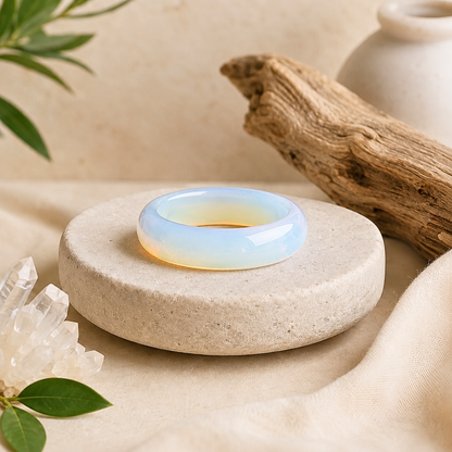 Polished opalite crystal ring displayed on a textured cream stone pedestal, surrounded by clear quartz, driftwood, green leaves, and soft beige fabric in a warm, zen-inspired setting.