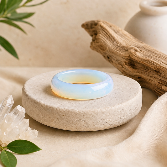 Polished opalite crystal ring displayed on a textured cream stone pedestal, surrounded by clear quartz, driftwood, green leaves, and soft beige fabric in a warm, zen-inspired setting.