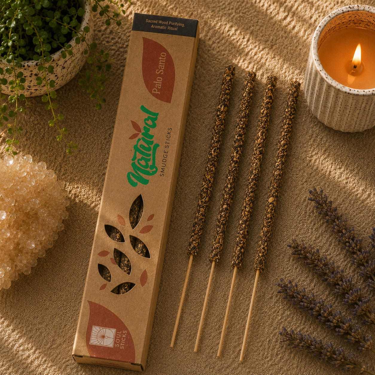 Palo Santo herbal smudge sticks displayed beside their eco-friendly kraft packaging on a warm neutral surface. The natural wood incense sticks are paired with a lit candle, green potted plant, lavender sprigs, and a white quartz cluster, creating a warm, earthy, zen-inspired product display.