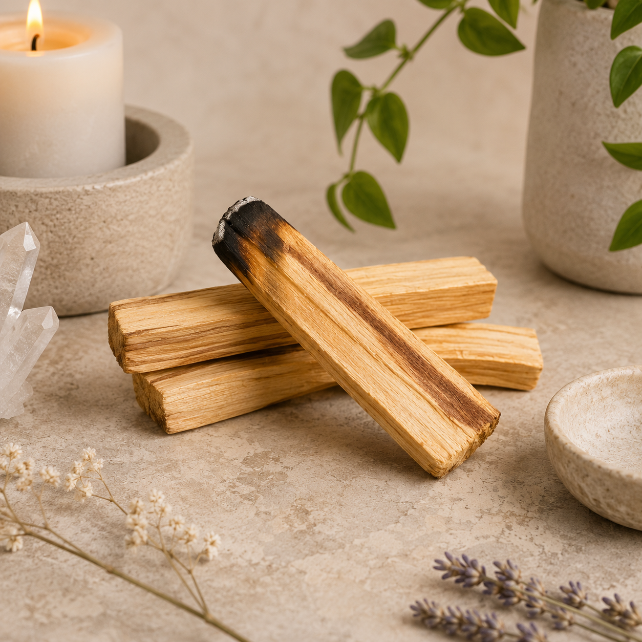 Four natural Palo Santo wood sticks displayed on a warm neutral surface, with one stick gently smoldering to showcase its aromatic smoke-cleansing use. A glowing candle, clear quartz crystal point, green potted plants, dried botanicals, and a ceramic dish create a warm, grounding, zen-inspired product display.