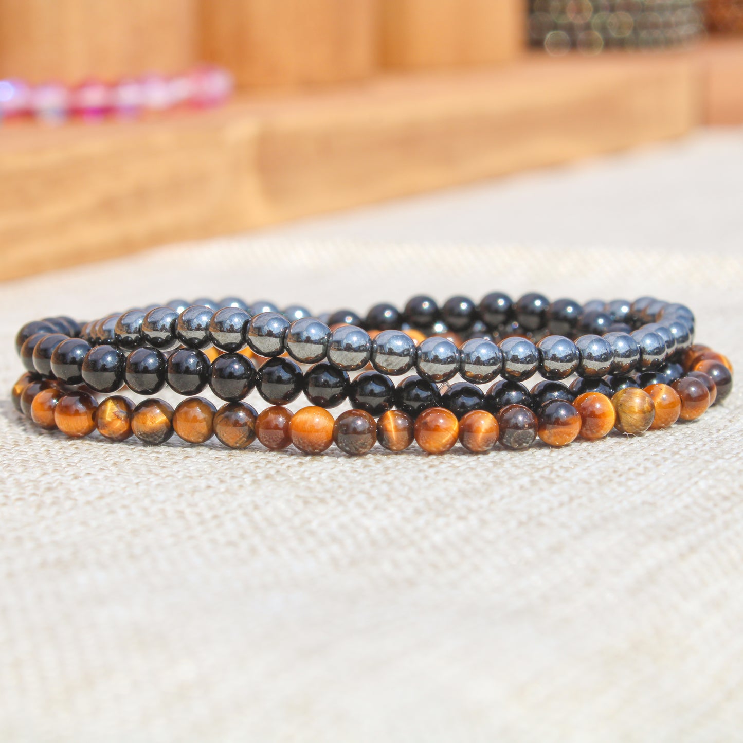 Triple Protection Bracelet - Tiger's Eye, Hematite & Black Tourmaline 4mm Natural Gemstones