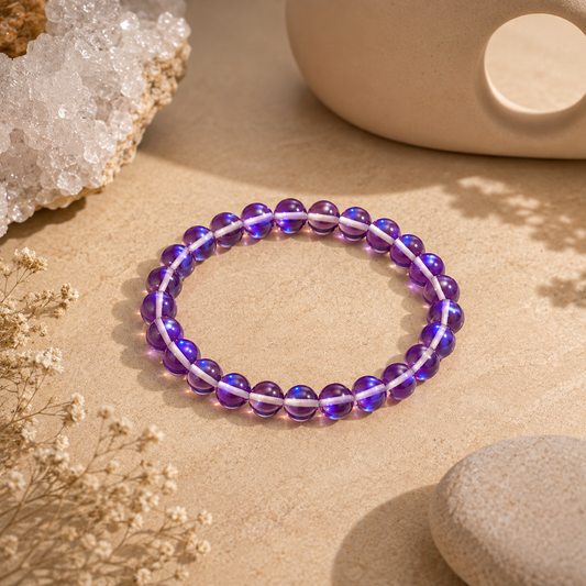 Boho-inspired model wearing an Azenway Purple Mystic Glass bracelet featuring translucent purple iridescent glass beads. The handmade stretch bracelet is showcased in natural sunlight against a relaxed beach-inspired backdrop with soft neutral clothing and subtle spiritual tattoos.